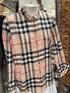 Burberry Beige Plaid Button-Front Shirt with Black and Red Stripes